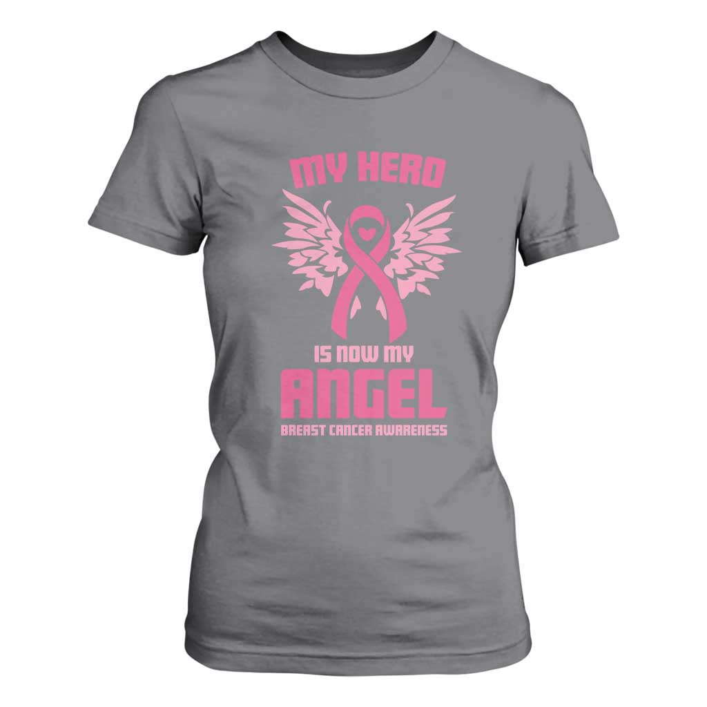 Breast Cancer Support T Shirt For Women My Hero Is Now My Angel Pink Ribbon Wings Heart