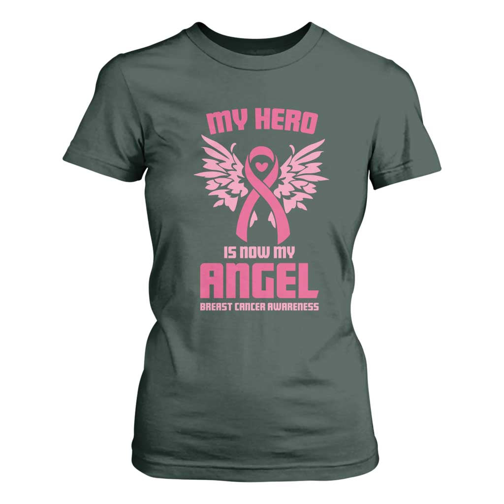 Breast Cancer Support T Shirt For Women My Hero Is Now My Angel Pink Ribbon Wings Heart