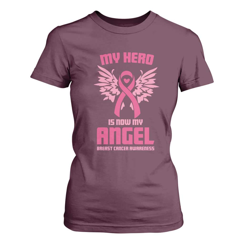 Breast Cancer Support T Shirt For Women My Hero Is Now My Angel Pink Ribbon Wings Heart