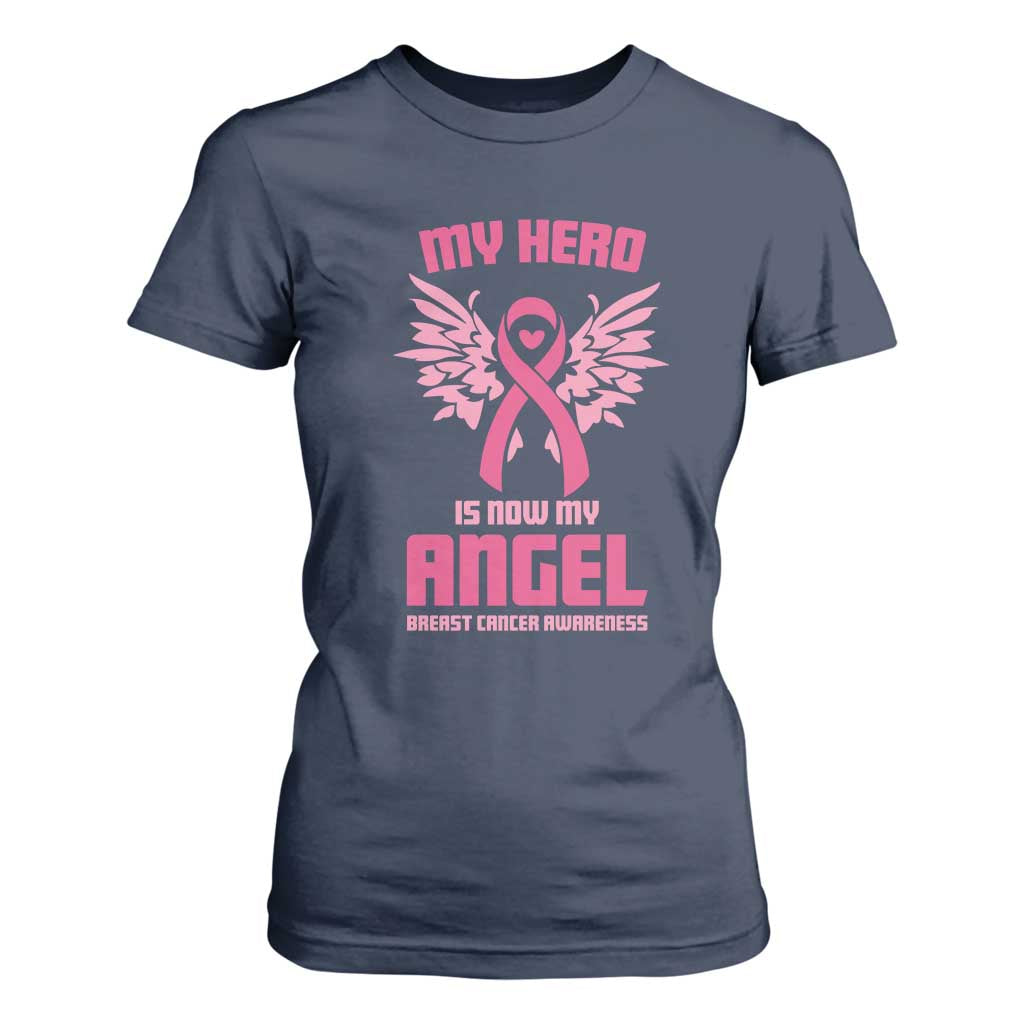 Breast Cancer Support T Shirt For Women My Hero Is Now My Angel Pink Ribbon Wings Heart