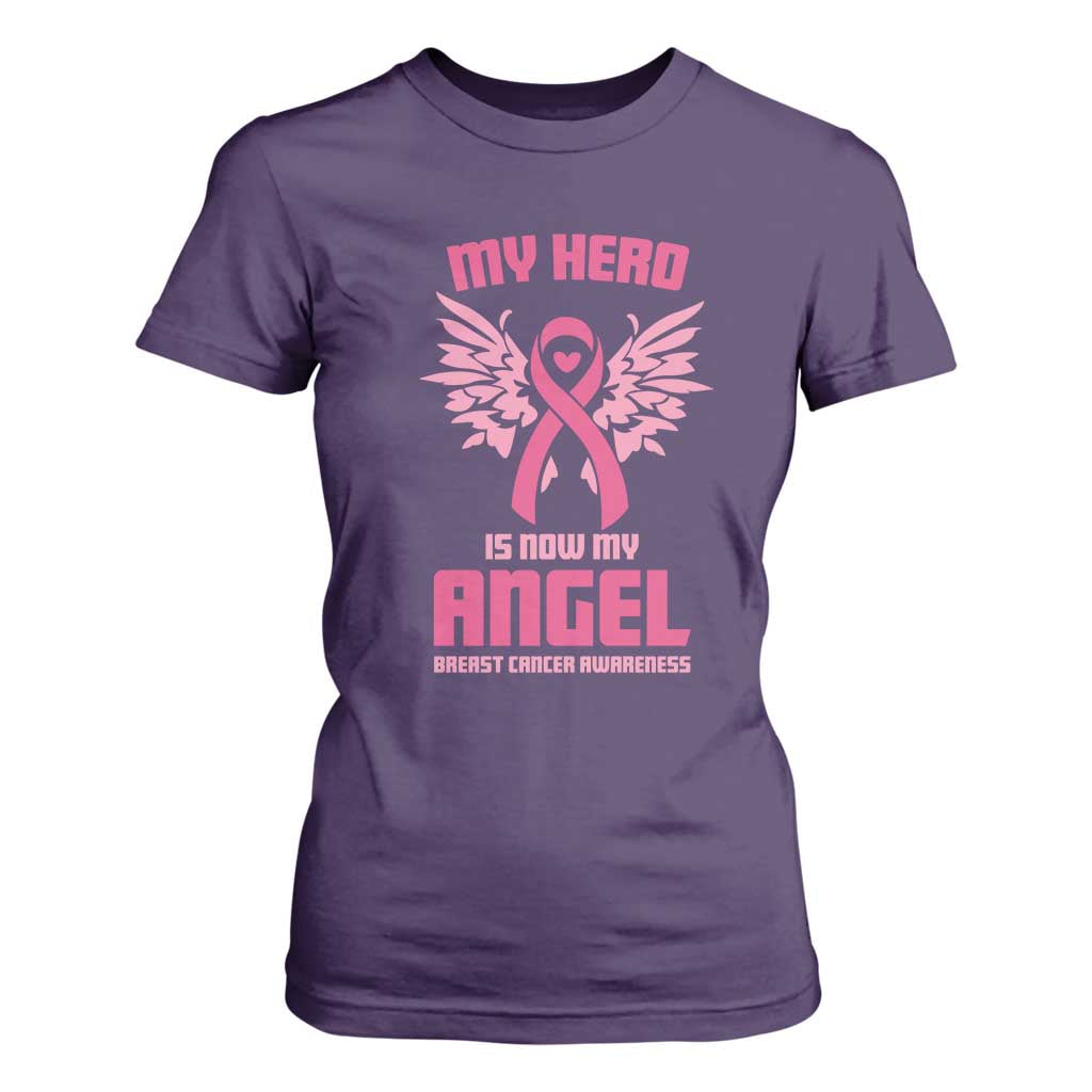 Breast Cancer Support T Shirt For Women My Hero Is Now My Angel Pink Ribbon Wings Heart