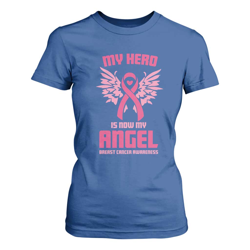 Breast Cancer Support T Shirt For Women My Hero Is Now My Angel Pink Ribbon Wings Heart