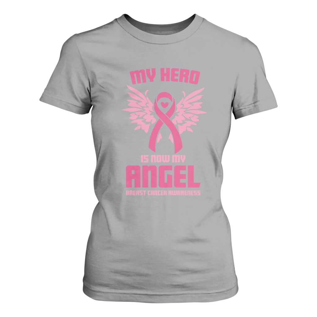 Breast Cancer Support T Shirt For Women My Hero Is Now My Angel Pink Ribbon Wings Heart
