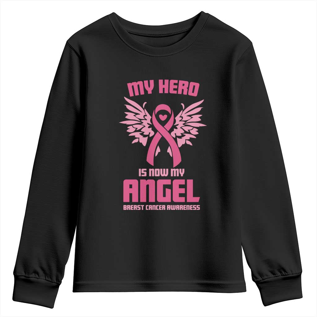 Breast Cancer Support Youth Sweatshirt My Hero Is Now My Angel Pink Ribbon Wings Heart