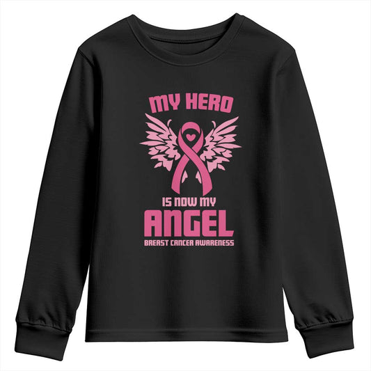 Breast Cancer Support Youth Sweatshirt My Hero Is Now My Angel Pink Ribbon Wings Heart