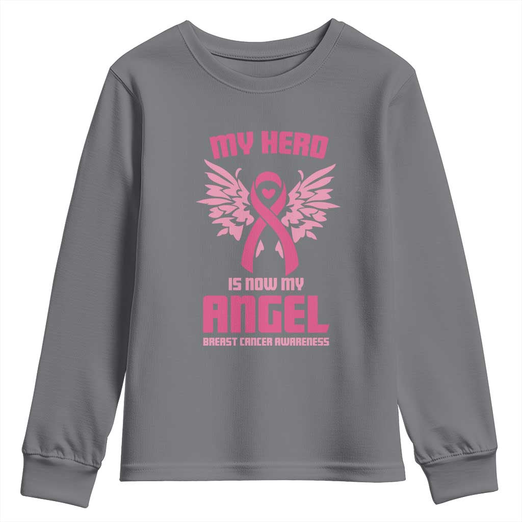 Breast Cancer Support Youth Sweatshirt My Hero Is Now My Angel Pink Ribbon Wings Heart