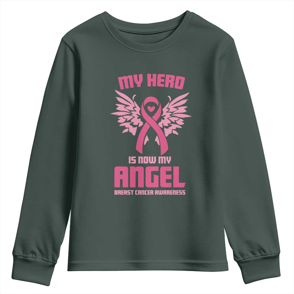 Breast Cancer Support Youth Sweatshirt My Hero Is Now My Angel Pink Ribbon Wings Heart