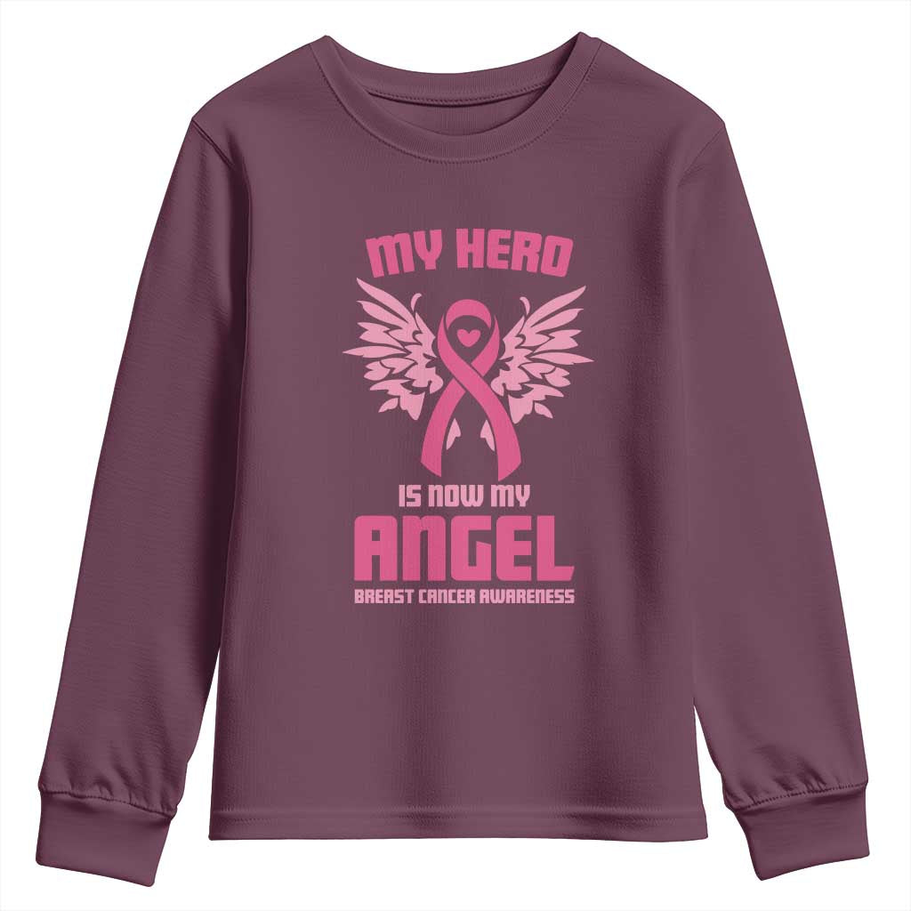 Breast Cancer Support Youth Sweatshirt My Hero Is Now My Angel Pink Ribbon Wings Heart