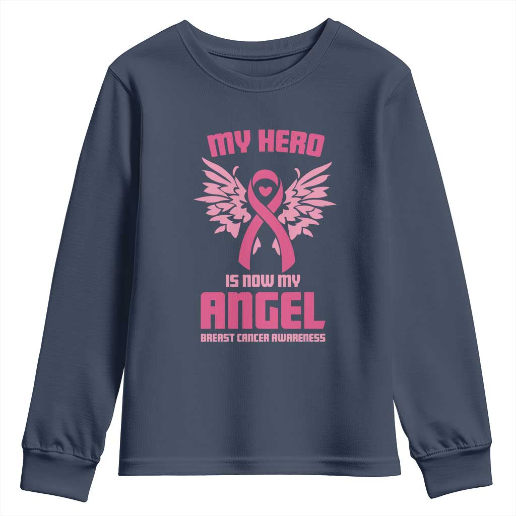 Breast Cancer Support Youth Sweatshirt My Hero Is Now My Angel Pink Ribbon Wings Heart