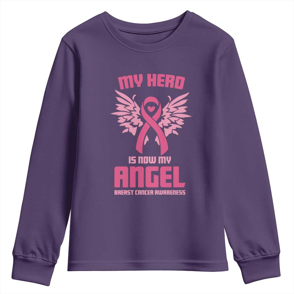 Breast Cancer Support Youth Sweatshirt My Hero Is Now My Angel Pink Ribbon Wings Heart