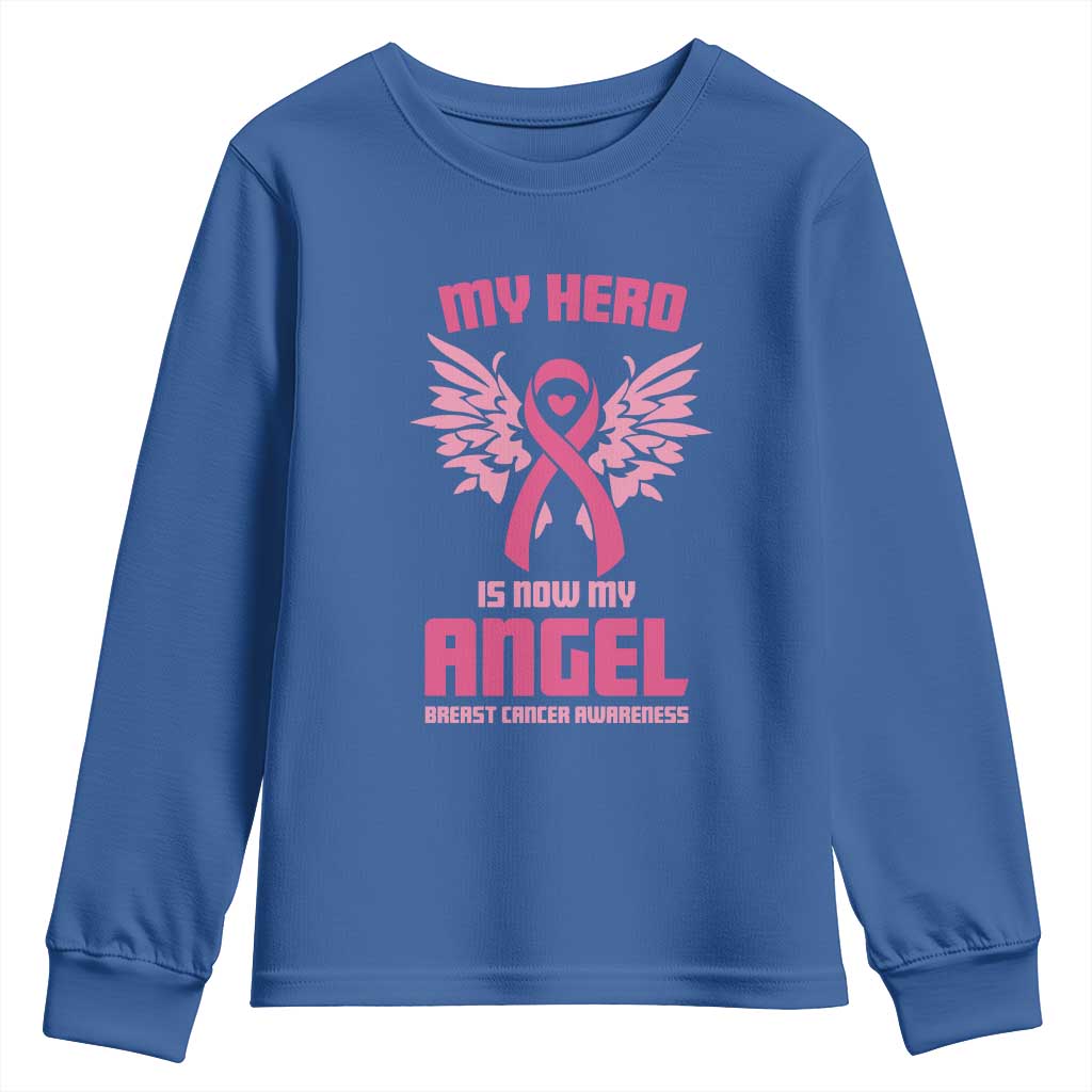 Breast Cancer Support Youth Sweatshirt My Hero Is Now My Angel Pink Ribbon Wings Heart