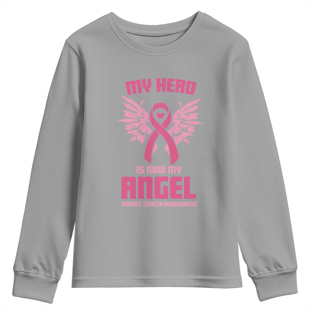 Breast Cancer Support Youth Sweatshirt My Hero Is Now My Angel Pink Ribbon Wings Heart