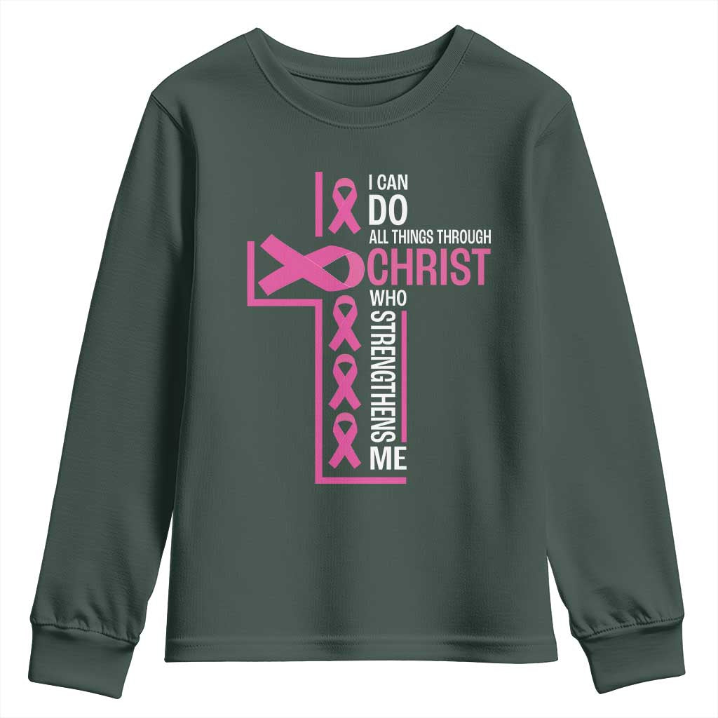 Breast Cancer Support Youth Sweatshirt I Can Do All Things Through Christ Who Strengthens Me Pink Ribbon