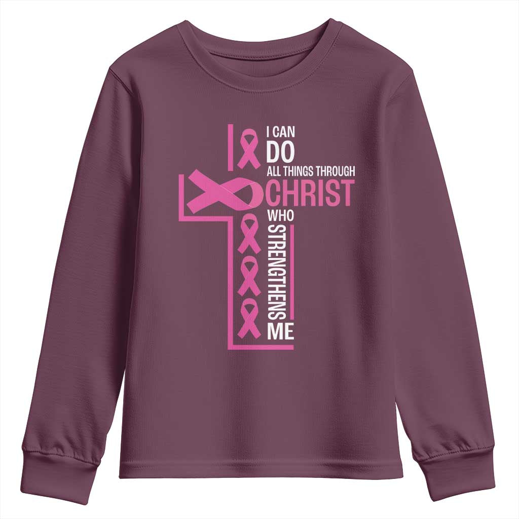 Breast Cancer Support Youth Sweatshirt I Can Do All Things Through Christ Who Strengthens Me Pink Ribbon