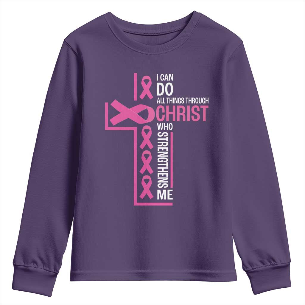 Breast Cancer Support Youth Sweatshirt I Can Do All Things Through Christ Who Strengthens Me Pink Ribbon