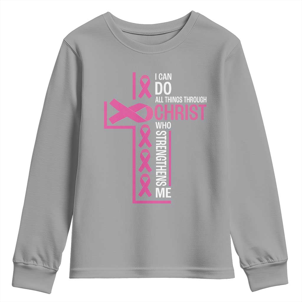 Breast Cancer Support Youth Sweatshirt I Can Do All Things Through Christ Who Strengthens Me Pink Ribbon