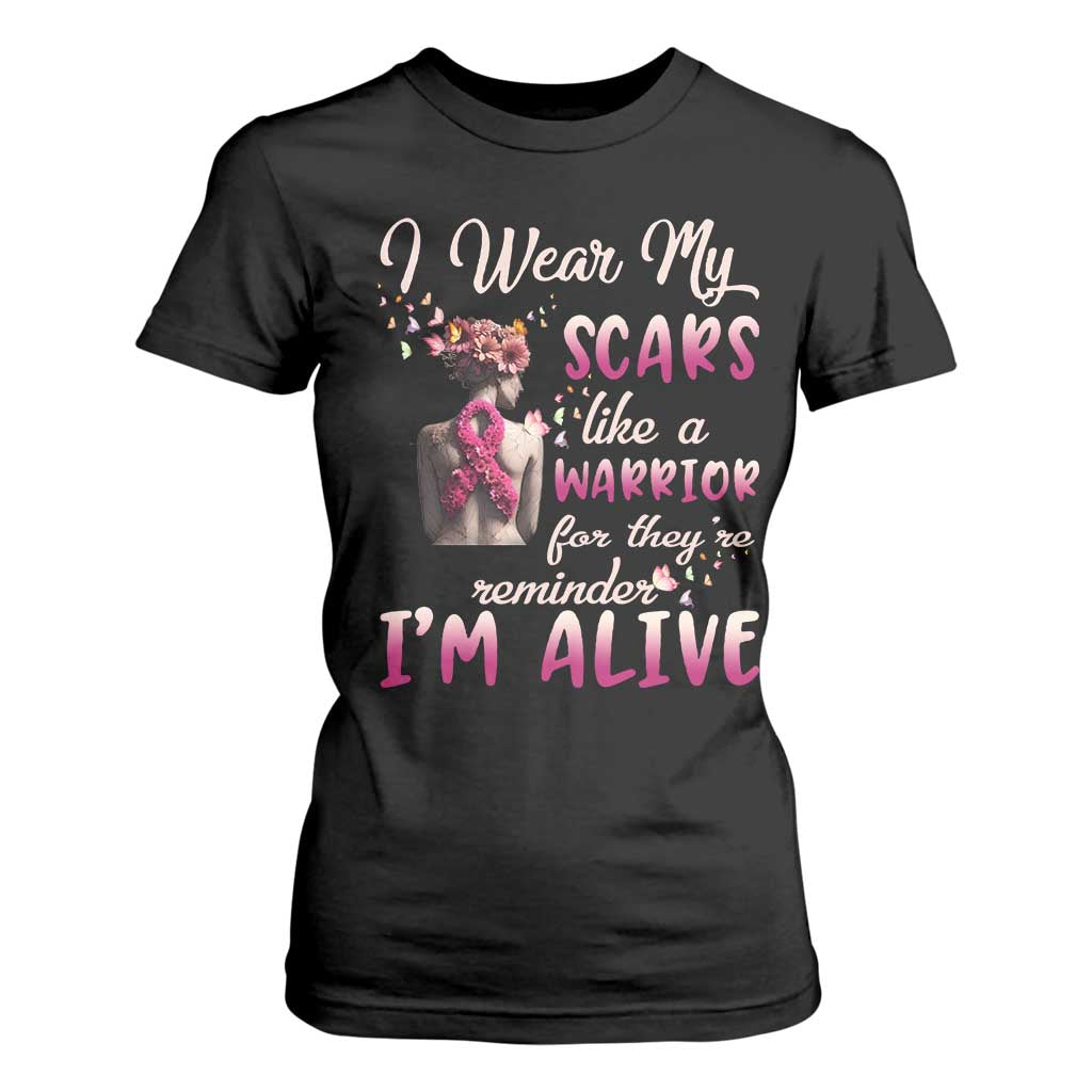 Inspirational Breast Cancer Support T Shirt For Women Scars Like A Warrior Are A Reminder I’m Alive Butterfly Floral