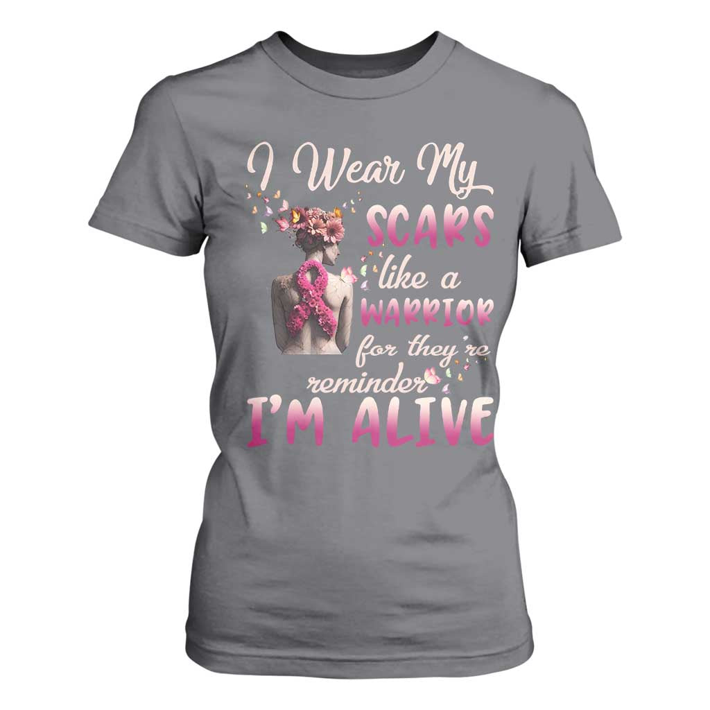 Inspirational Breast Cancer Support T Shirt For Women Scars Like A Warrior Are A Reminder I’m Alive Butterfly Floral