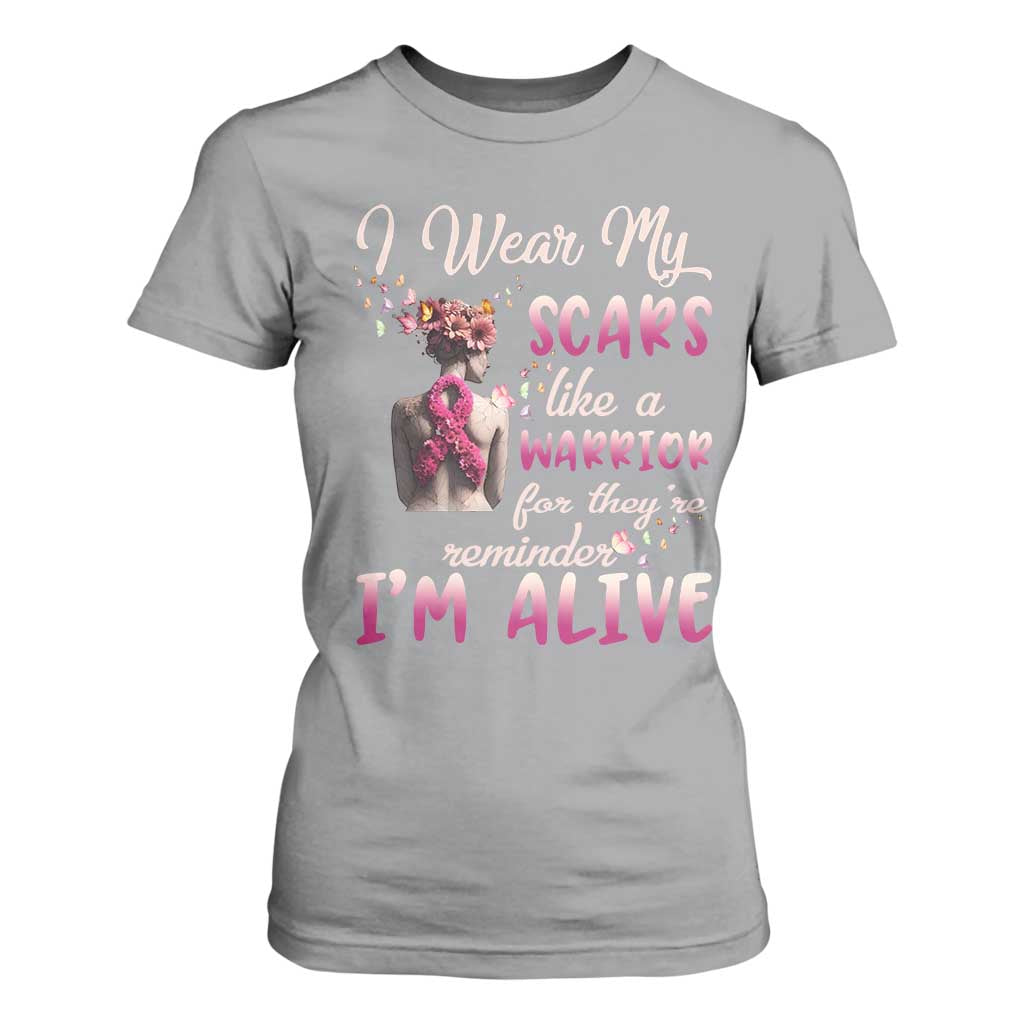 Inspirational Breast Cancer Support T Shirt For Women Scars Like A Warrior Are A Reminder I’m Alive Butterfly Floral