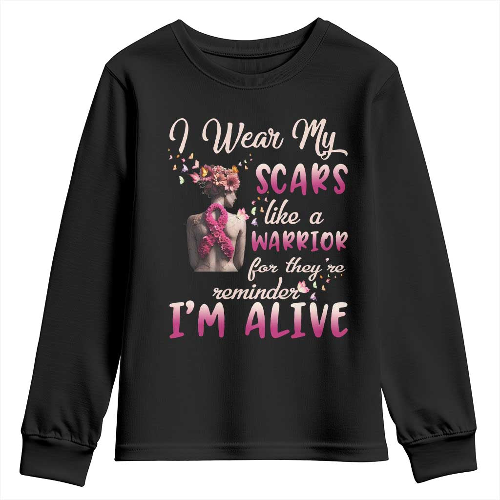 Inspirational Breast Cancer Support Youth Sweatshirt Scars Like A Warrior Are A Reminder I’m Alive Butterfly Floral
