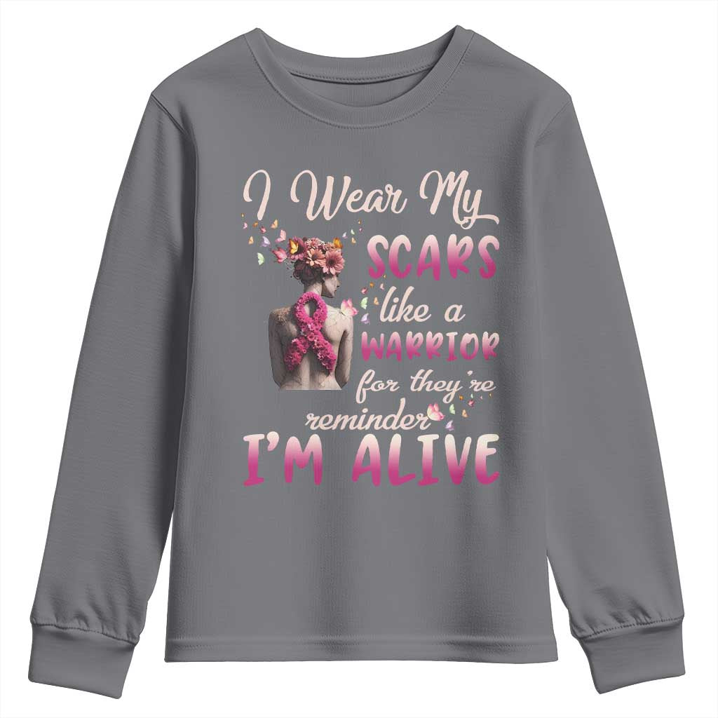Inspirational Breast Cancer Support Youth Sweatshirt Scars Like A Warrior Are A Reminder I’m Alive Butterfly Floral