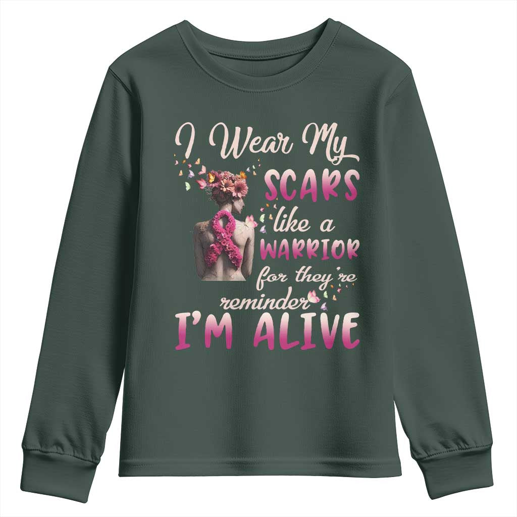 Inspirational Breast Cancer Support Youth Sweatshirt Scars Like A Warrior Are A Reminder I’m Alive Butterfly Floral