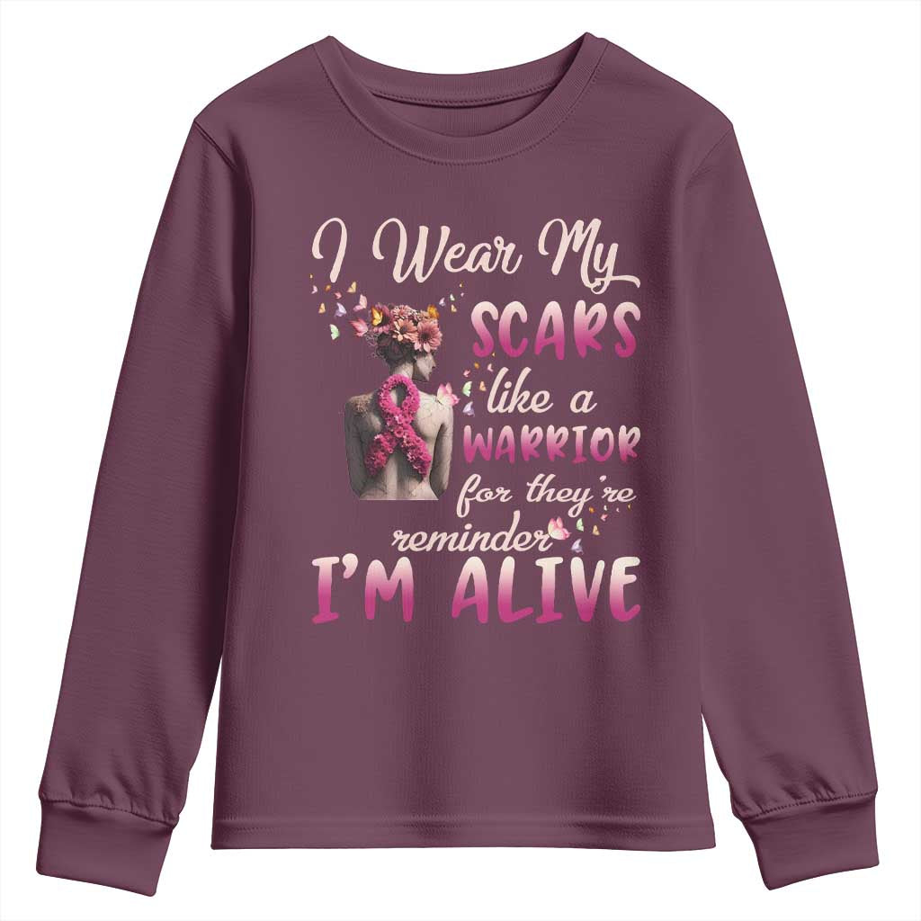 Inspirational Breast Cancer Support Youth Sweatshirt Scars Like A Warrior Are A Reminder I’m Alive Butterfly Floral