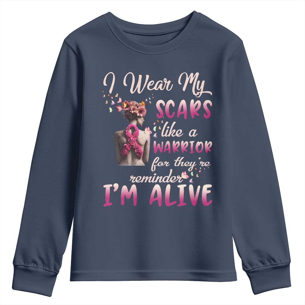 Inspirational Breast Cancer Support Youth Sweatshirt Scars Like A Warrior Are A Reminder I’m Alive Butterfly Floral