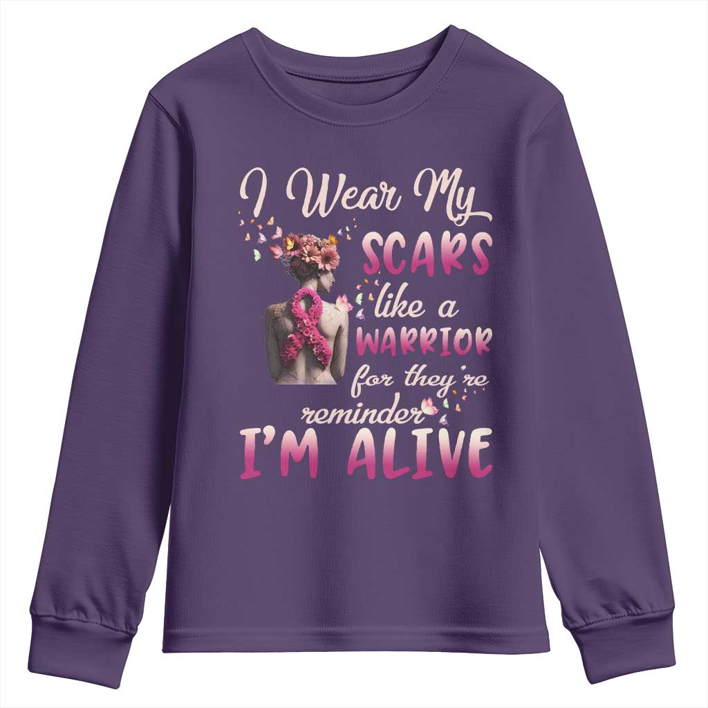 Inspirational Breast Cancer Support Youth Sweatshirt Scars Like A Warrior Are A Reminder I’m Alive Butterfly Floral