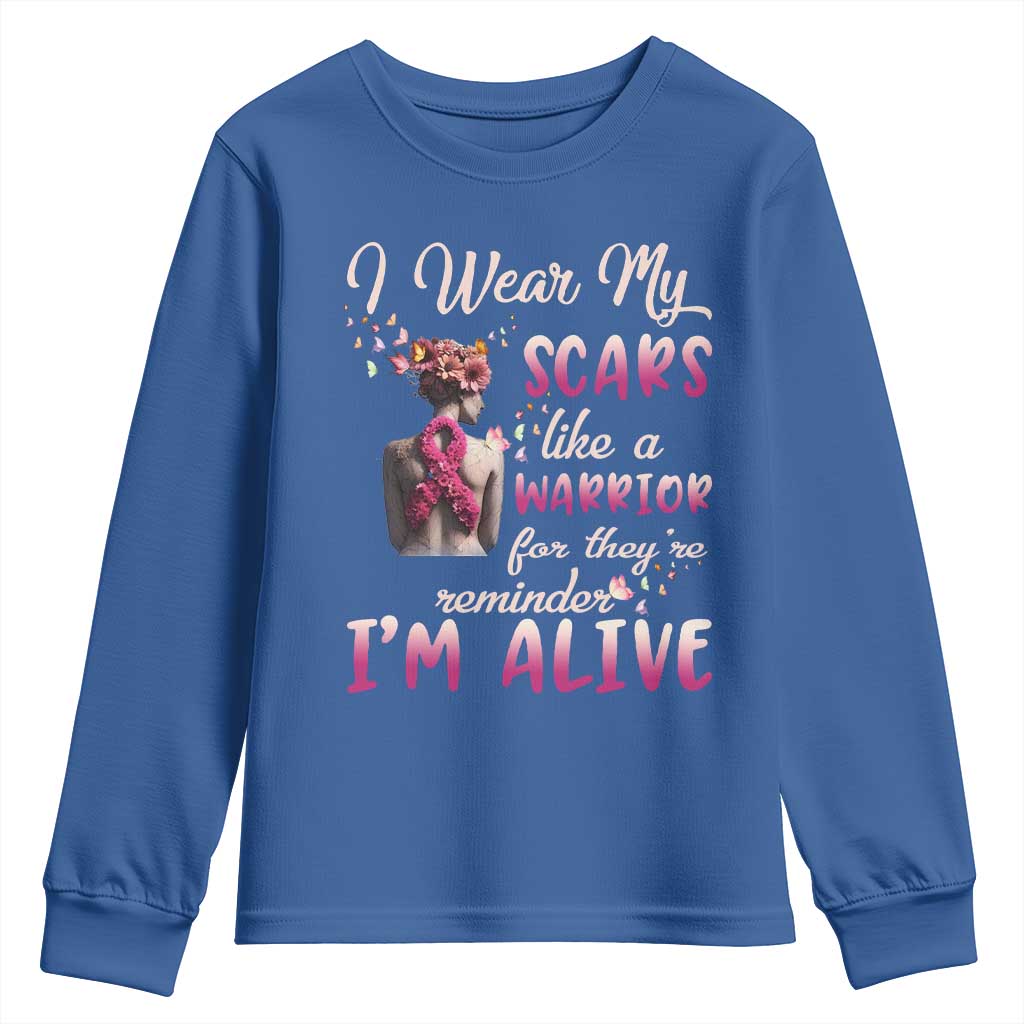 Inspirational Breast Cancer Support Youth Sweatshirt Scars Like A Warrior Are A Reminder I’m Alive Butterfly Floral