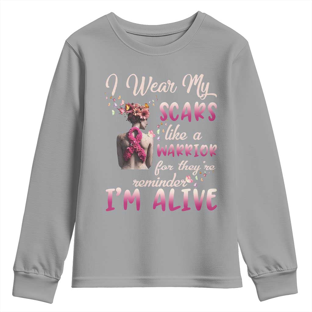 Inspirational Breast Cancer Support Youth Sweatshirt Scars Like A Warrior Are A Reminder I’m Alive Butterfly Floral