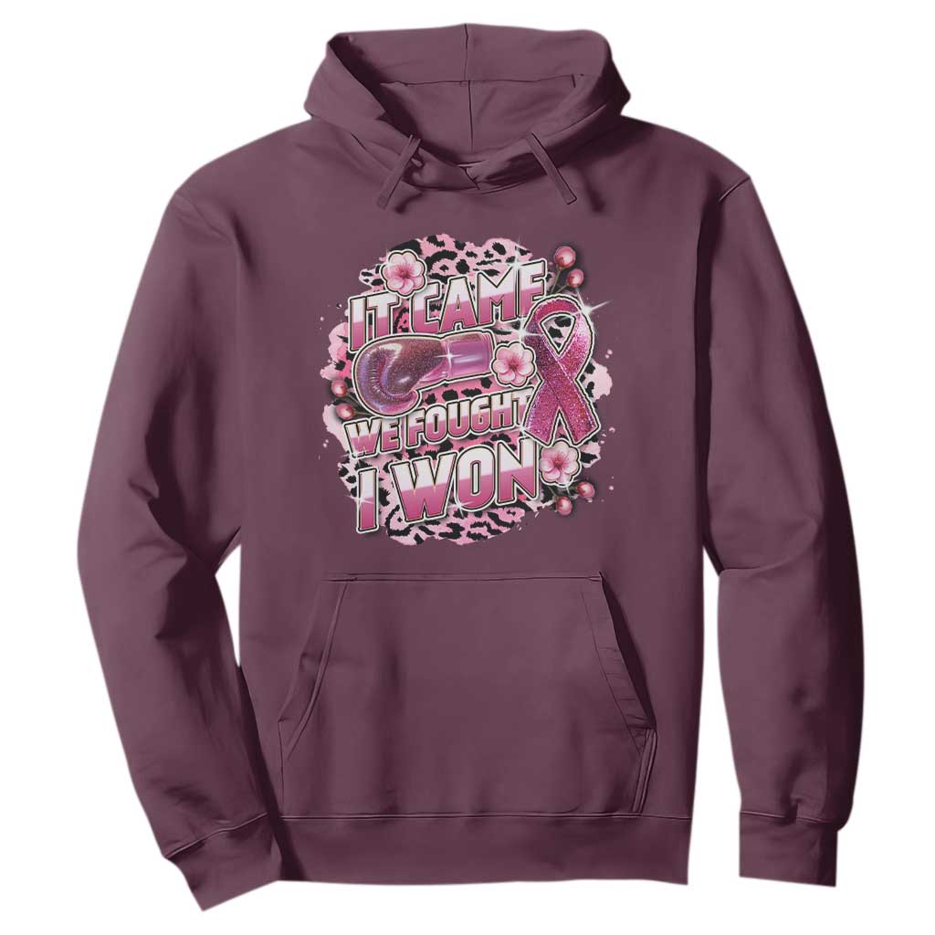 Breast Cancer Support Hoodie It Came We Fought I Won Boxing Gloves Pink Ribbon Flowers Leopard