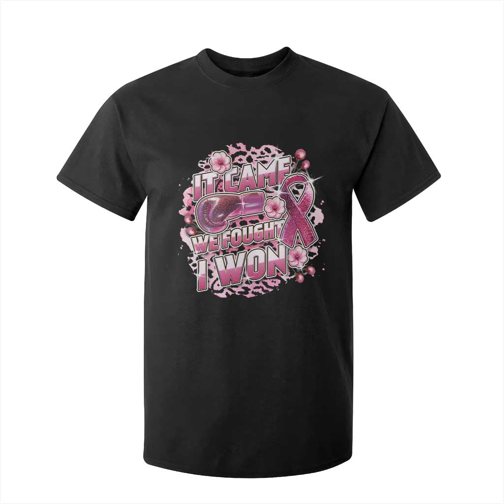 Breast Cancer Support T Shirt For Kid It Came We Fought I Won Boxing Gloves Pink Ribbon Flowers Leopard