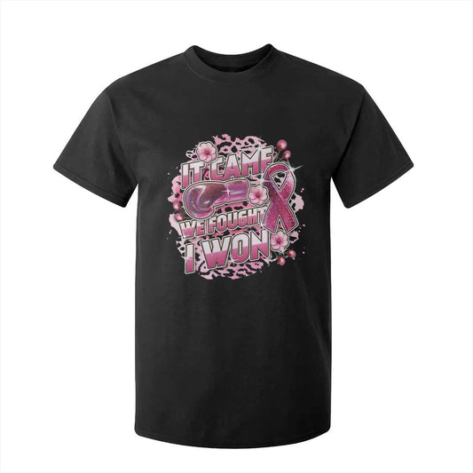 Breast Cancer Support T Shirt For Kid It Came We Fought I Won Boxing Gloves Pink Ribbon Flowers Leopard