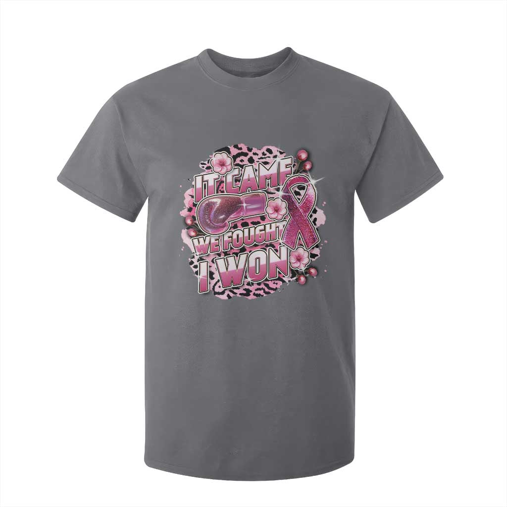 Breast Cancer Support T Shirt For Kid It Came We Fought I Won Boxing Gloves Pink Ribbon Flowers Leopard