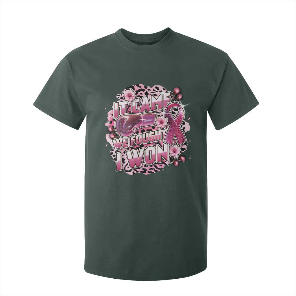 Breast Cancer Support T Shirt For Kid It Came We Fought I Won Boxing Gloves Pink Ribbon Flowers Leopard