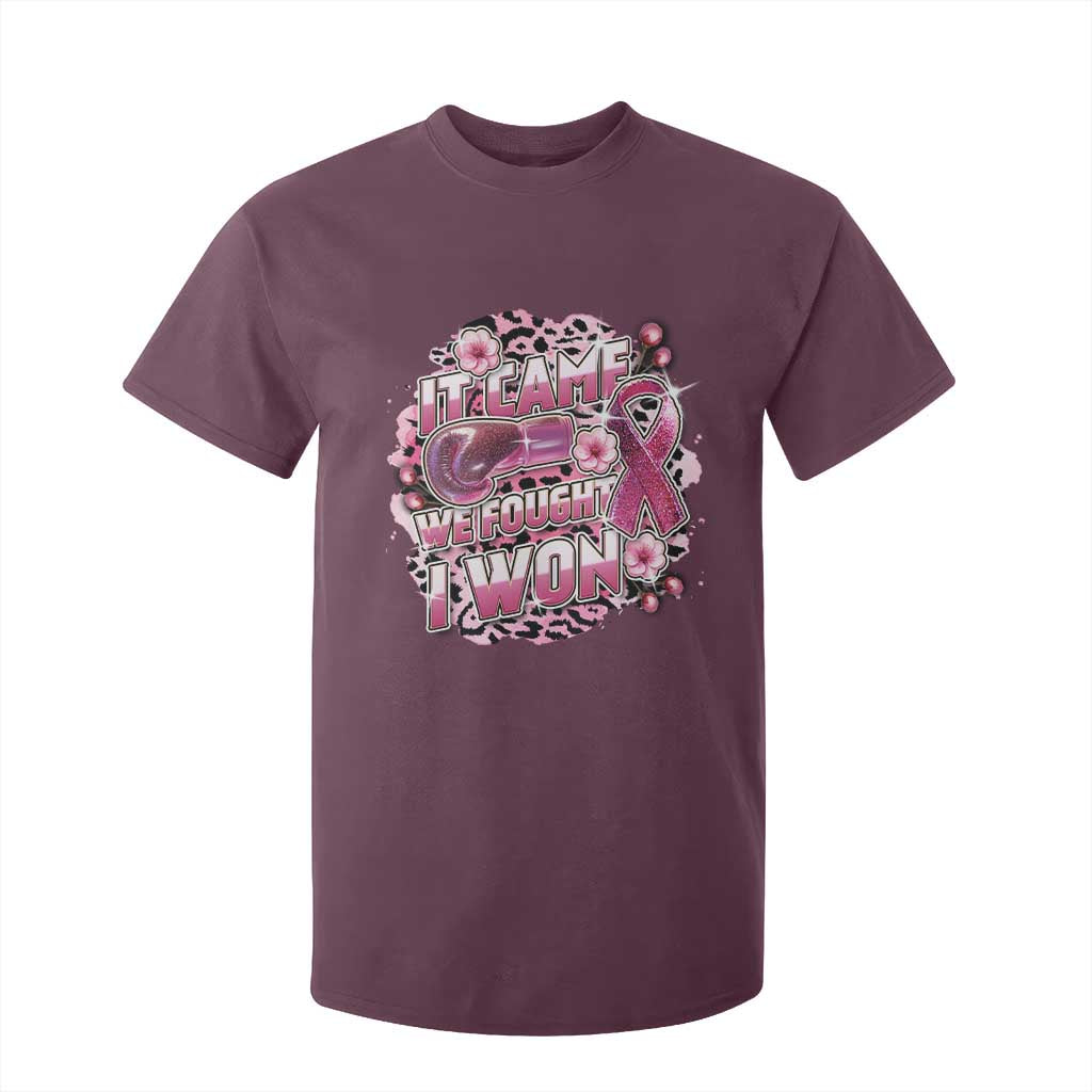 Breast Cancer Support T Shirt For Kid It Came We Fought I Won Boxing Gloves Pink Ribbon Flowers Leopard
