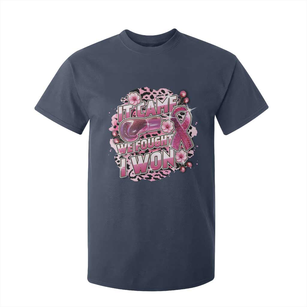 Breast Cancer Support T Shirt For Kid It Came We Fought I Won Boxing Gloves Pink Ribbon Flowers Leopard