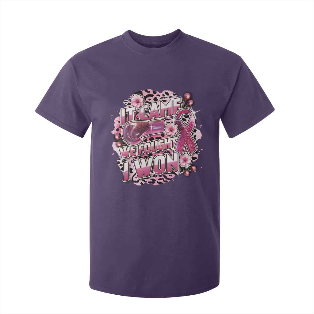 Breast Cancer Support T Shirt For Kid It Came We Fought I Won Boxing Gloves Pink Ribbon Flowers Leopard
