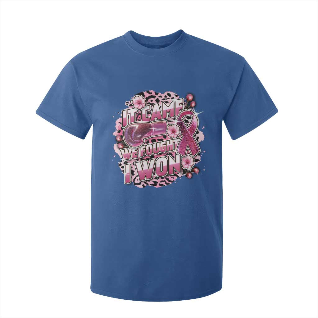 Breast Cancer Support T Shirt For Kid It Came We Fought I Won Boxing Gloves Pink Ribbon Flowers Leopard