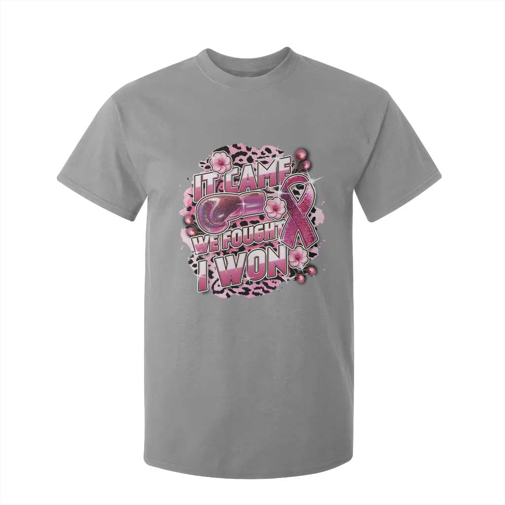 Breast Cancer Support T Shirt For Kid It Came We Fought I Won Boxing Gloves Pink Ribbon Flowers Leopard