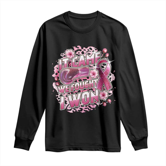 Breast Cancer Support Long Sleeve Shirt It Came We Fought I Won Boxing Gloves Pink Ribbon Flowers Leopard