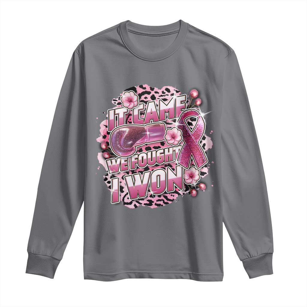 Breast Cancer Support Long Sleeve Shirt It Came We Fought I Won Boxing Gloves Pink Ribbon Flowers Leopard