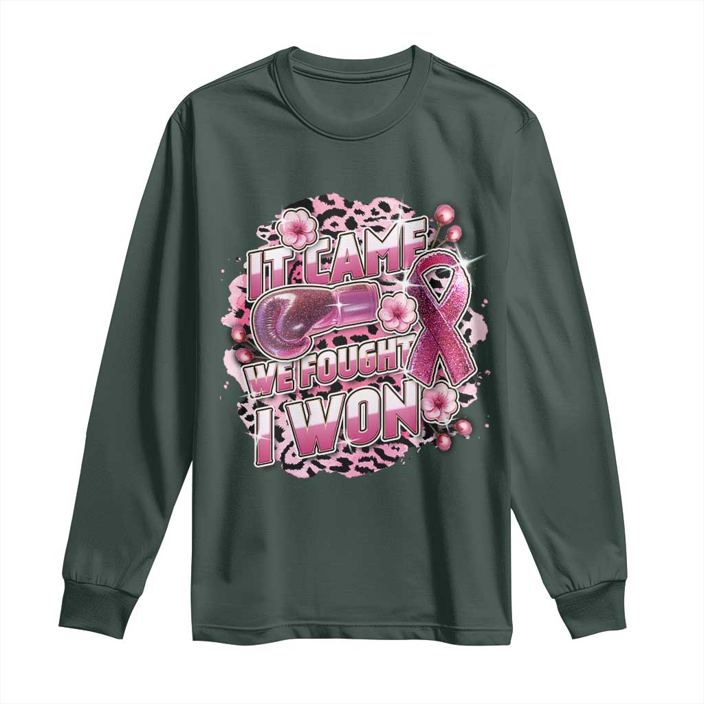Breast Cancer Support Long Sleeve Shirt It Came We Fought I Won Boxing Gloves Pink Ribbon Flowers Leopard