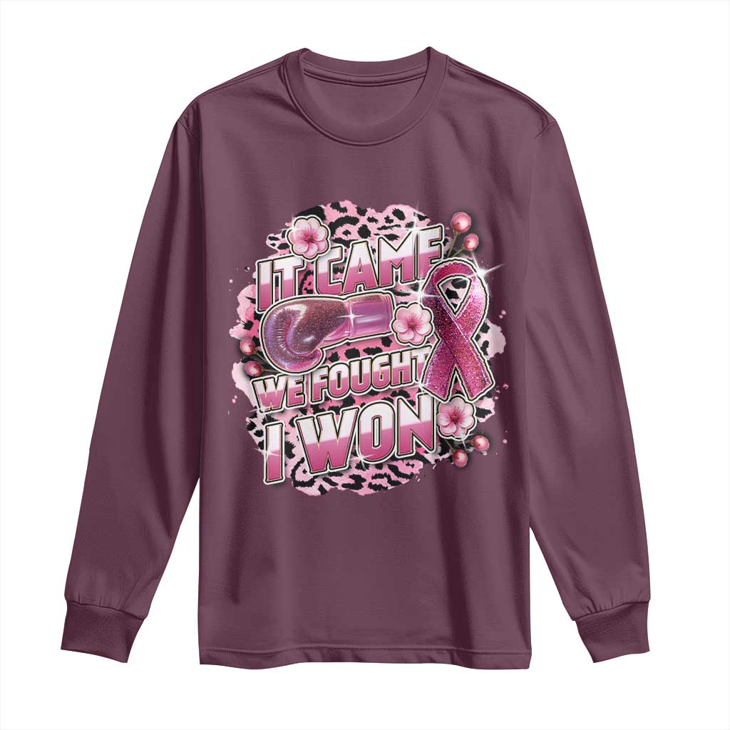 Breast Cancer Support Long Sleeve Shirt It Came We Fought I Won Boxing Gloves Pink Ribbon Flowers Leopard