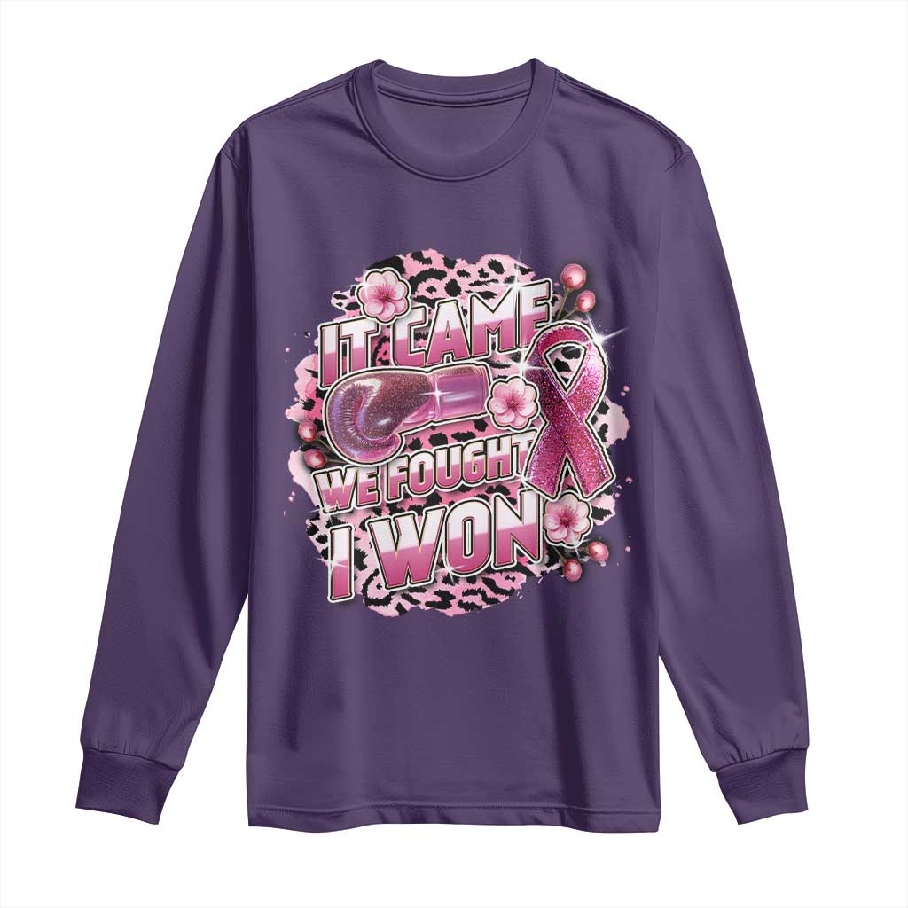 Breast Cancer Support Long Sleeve Shirt It Came We Fought I Won Boxing Gloves Pink Ribbon Flowers Leopard