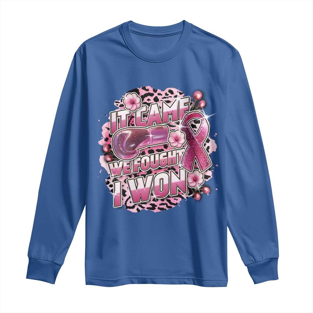 Breast Cancer Support Long Sleeve Shirt It Came We Fought I Won Boxing Gloves Pink Ribbon Flowers Leopard