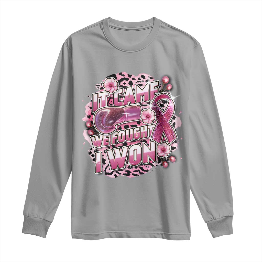 Breast Cancer Support Long Sleeve Shirt It Came We Fought I Won Boxing Gloves Pink Ribbon Flowers Leopard