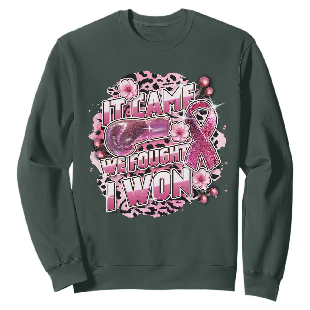 Breast Cancer Support Sweatshirt It Came We Fought I Won Boxing Gloves Pink Ribbon Flowers Leopard