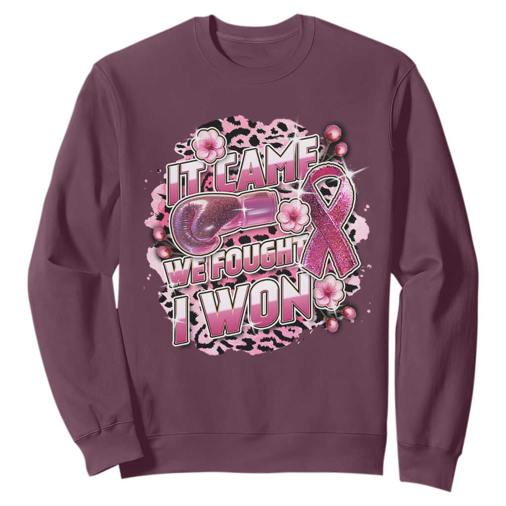 Breast Cancer Support Sweatshirt It Came We Fought I Won Boxing Gloves Pink Ribbon Flowers Leopard